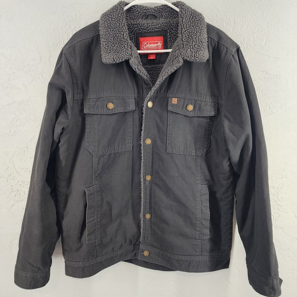 Coleman Black Sherpa Lined Canvas Work Jacket Rugged Outdoor Mens Medium